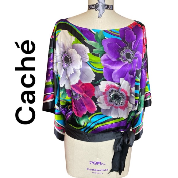100% Silk Caché Kimono Blouse Bright Colorful Floral Pattern Side Tie Sz Small - Picture 1 of 9